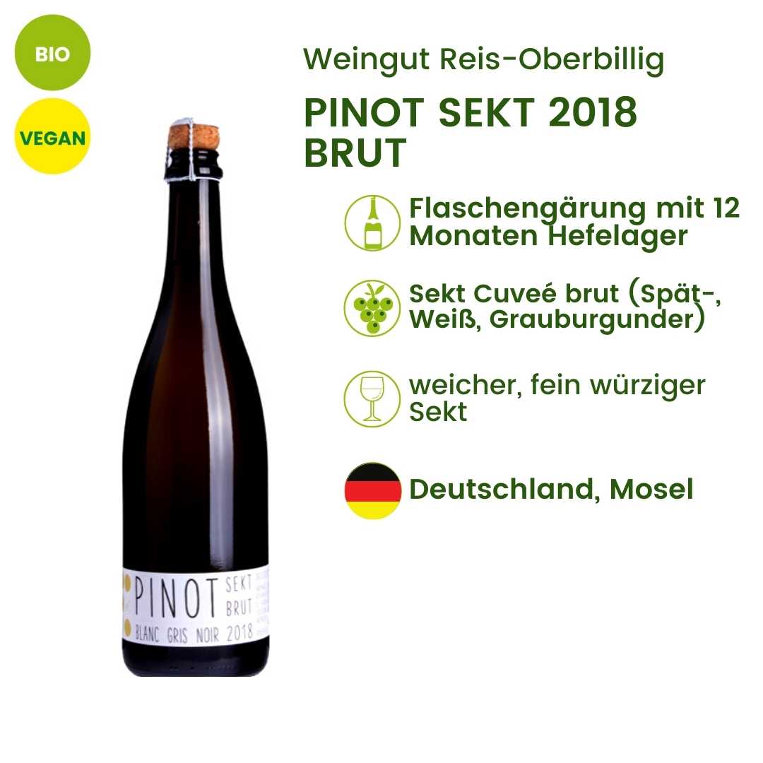 Steckbrief Pinot Sekt brut 2018 | Weingut Reis-Oberbillig | bio & vegan Weingut Reis-Oberbillig | Mosel / Bernkastel | Deutschland