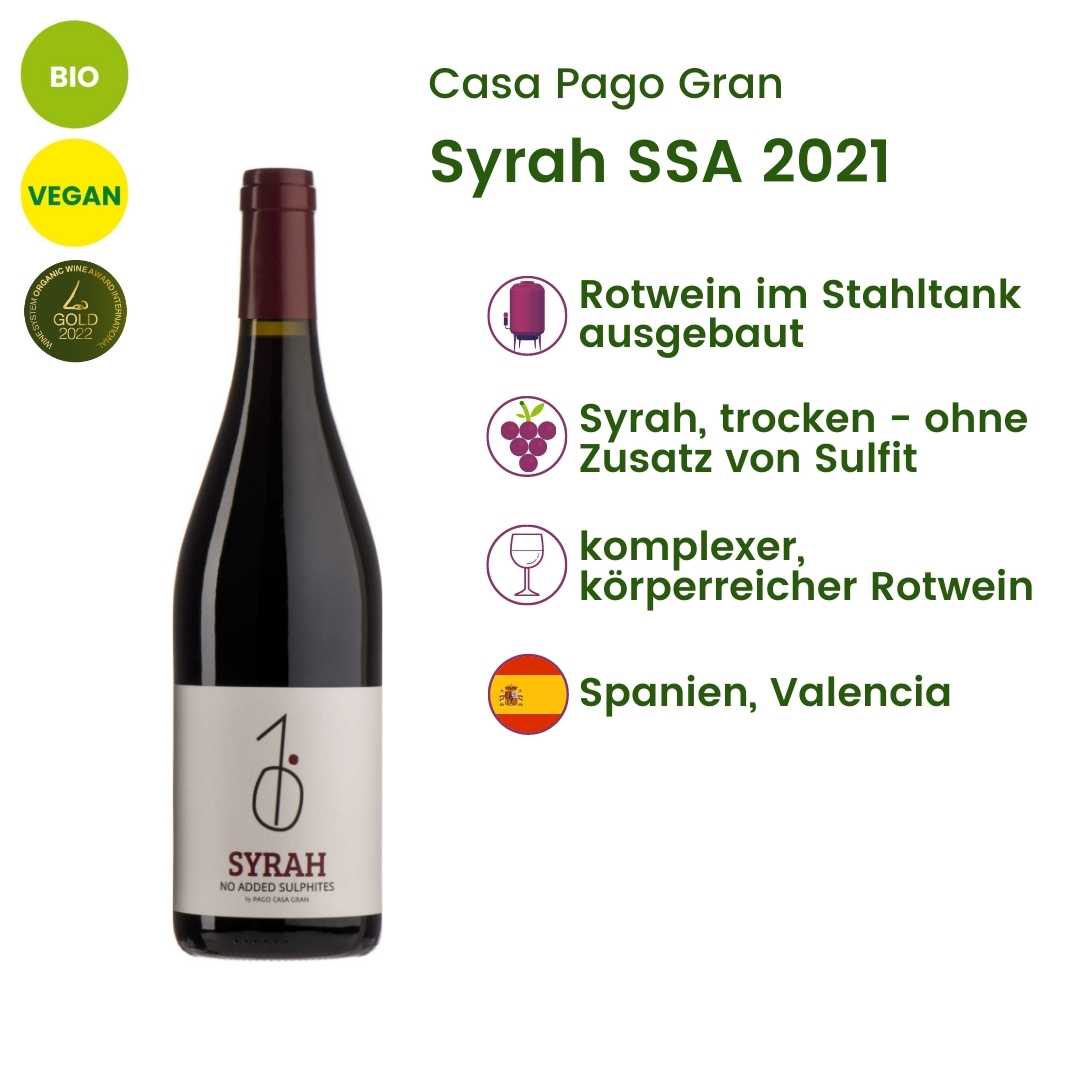 Kurzprofil Syrah 2021 trocken ohne Sulfitzusatz Casa Pago Gran 